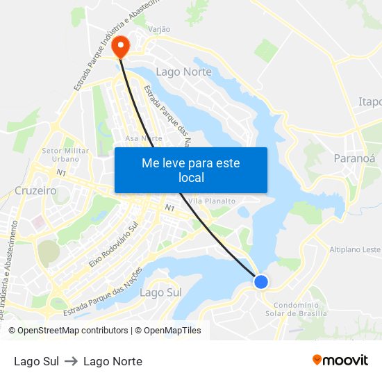 Lago Sul to Lago Norte map