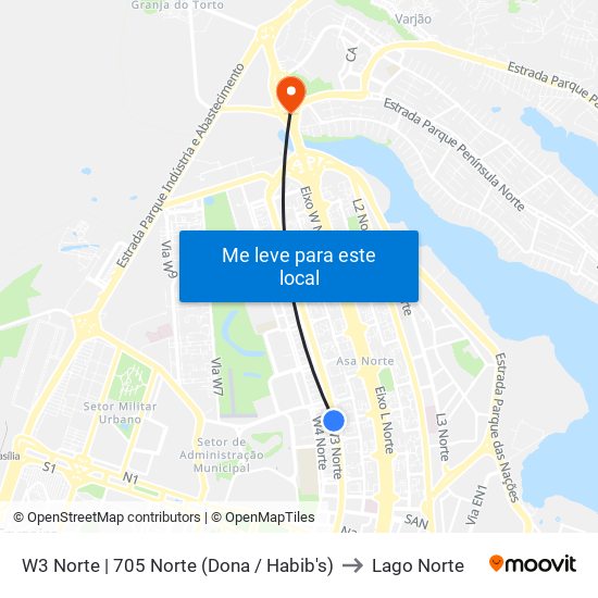 W3 Norte | 705 Norte (Dona / Habib's) to Lago Norte map