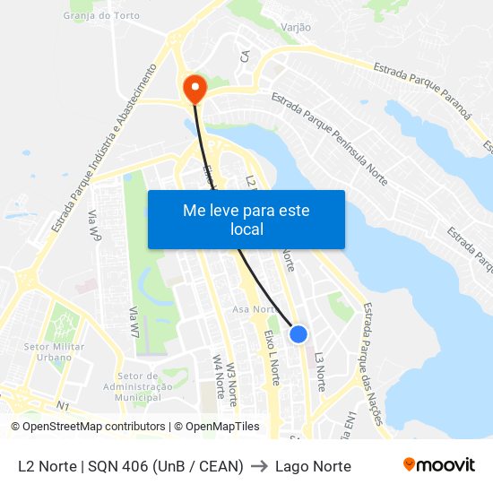 L2 Norte | SQN 406 (UnB / CEAN) to Lago Norte map