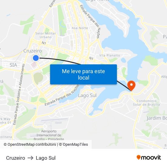 Cruzeiro to Lago Sul map