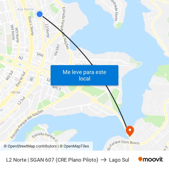 L2 Norte | SGAN 607 (CRE Plano Piloto) to Lago Sul map