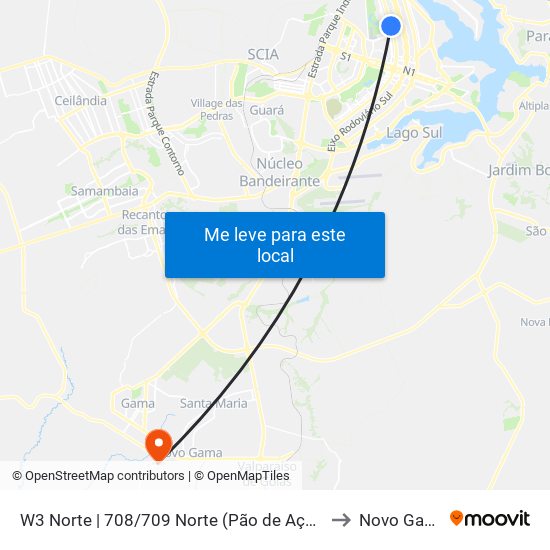 W3 Norte | 708/709 Norte (Pão de Açúcar) to Novo Gama map