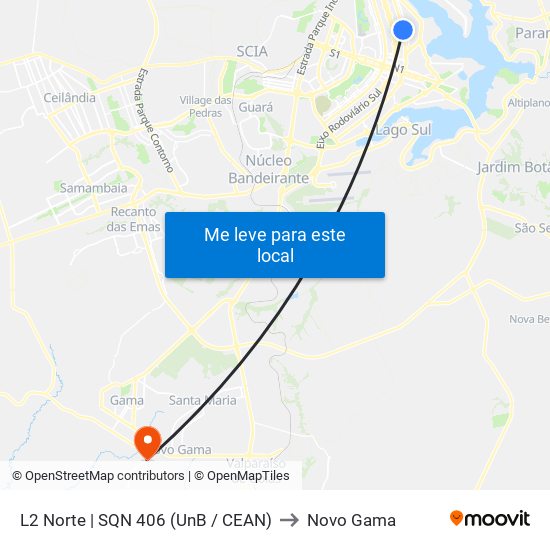 L2 Norte | SQN 406 (UnB / CEAN) to Novo Gama map