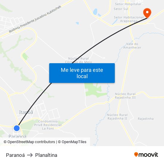 Paranoá to Planaltina map