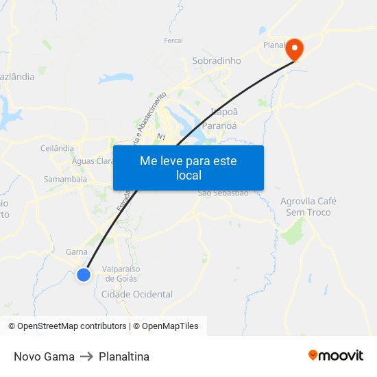 Novo Gama to Planaltina map