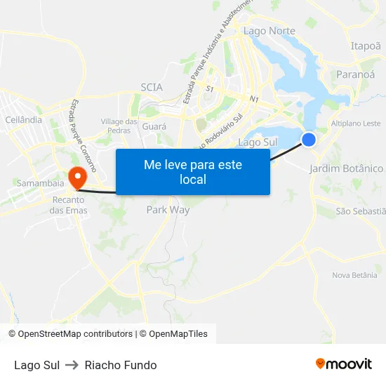 Lago Sul to Riacho Fundo map