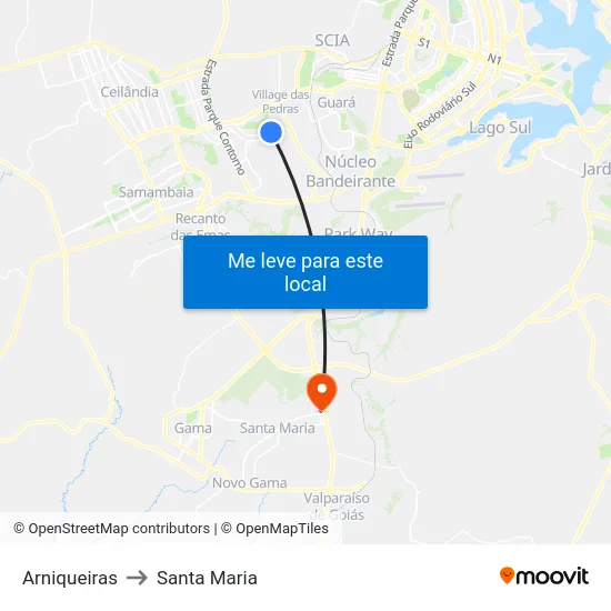 Arniqueiras to Santa Maria map