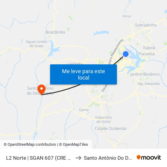 L2 Norte | SGAN 607 (CRE Plano Piloto) to Santo Antônio Do Descoberto map