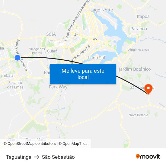 Taguatinga to São Sebastião map