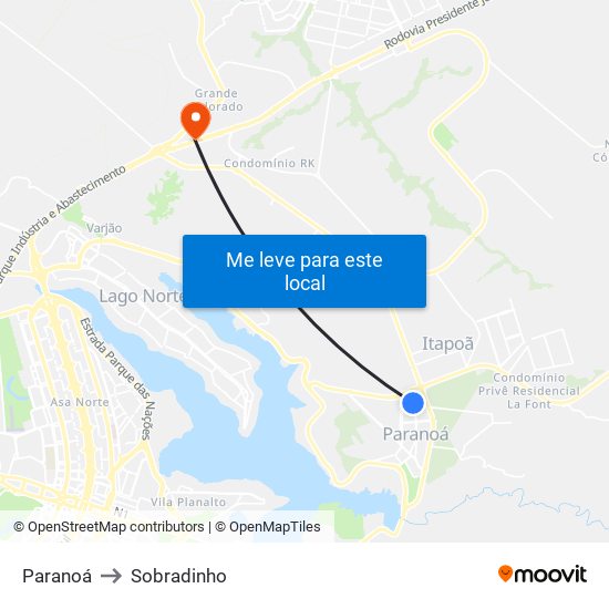 Paranoá to Sobradinho map