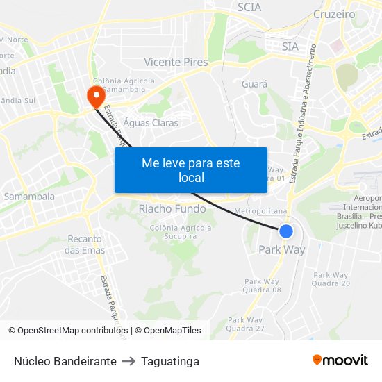 Núcleo Bandeirante to Taguatinga map