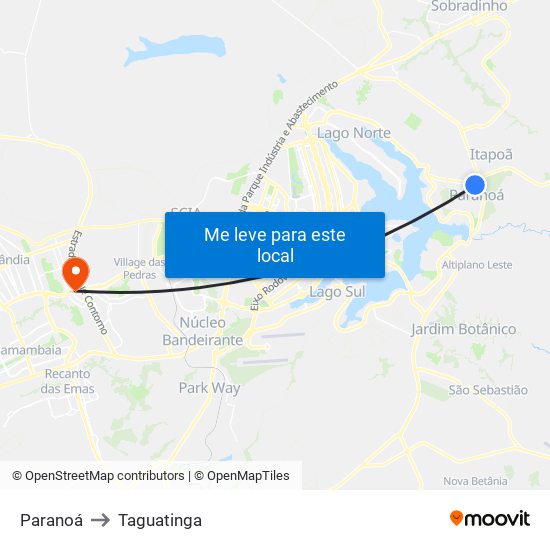 Paranoá to Taguatinga map