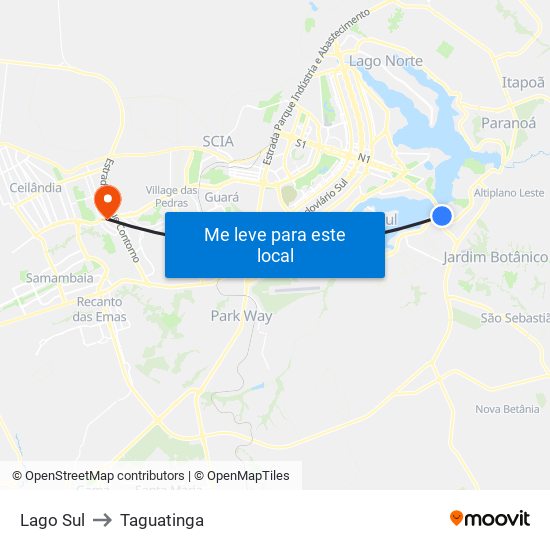Lago Sul to Taguatinga map