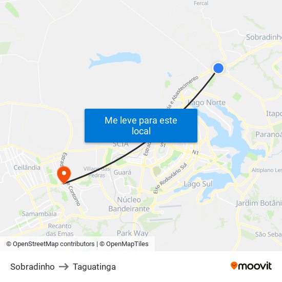 Sobradinho to Taguatinga map