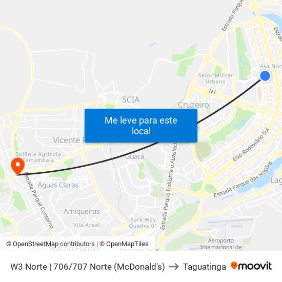 W3 Norte | 706/707 Norte (Mcdonald'S) to Taguatinga map