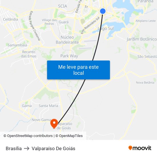Brasília to Valparaíso De Goiás map