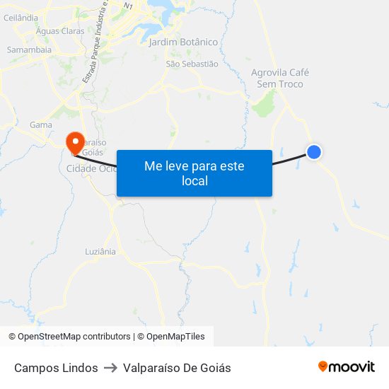 Campos Lindos to Valparaíso De Goiás map