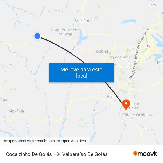Cocalzinho De Goiás to Valparaíso De Goiás map
