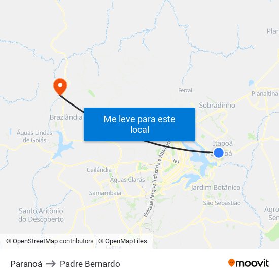 Paranoá to Padre Bernardo map