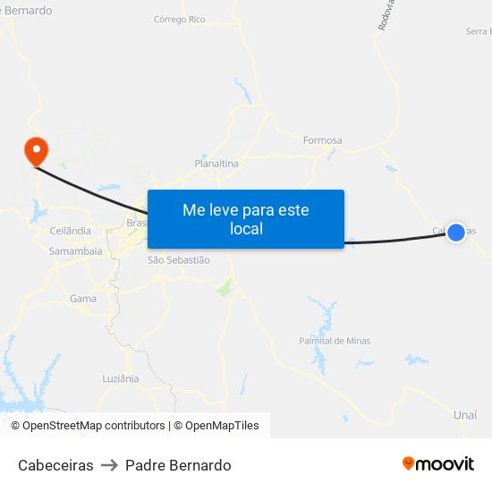 Cabeceiras to Padre Bernardo map