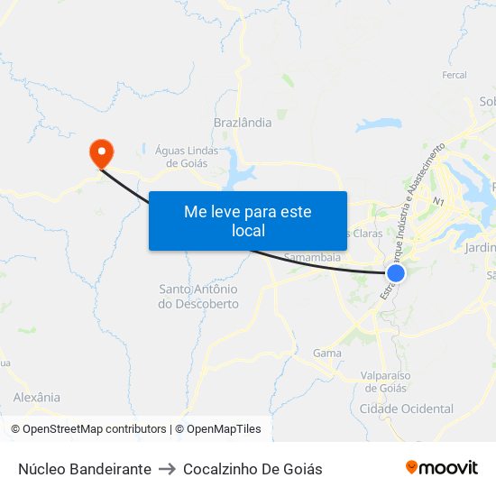 Núcleo Bandeirante to Cocalzinho De Goiás map