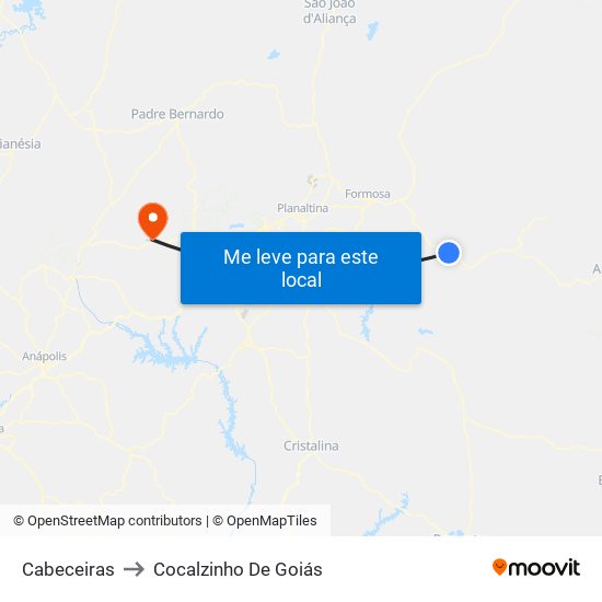 Cabeceiras to Cocalzinho De Goiás map