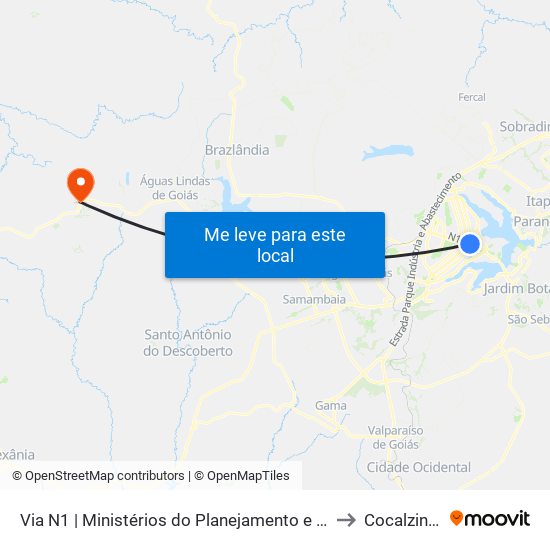Via N1 | Ministérios do Planejamento e Orçamento / Desenvolvimento e Indústria to Cocalzinho De Goiás map