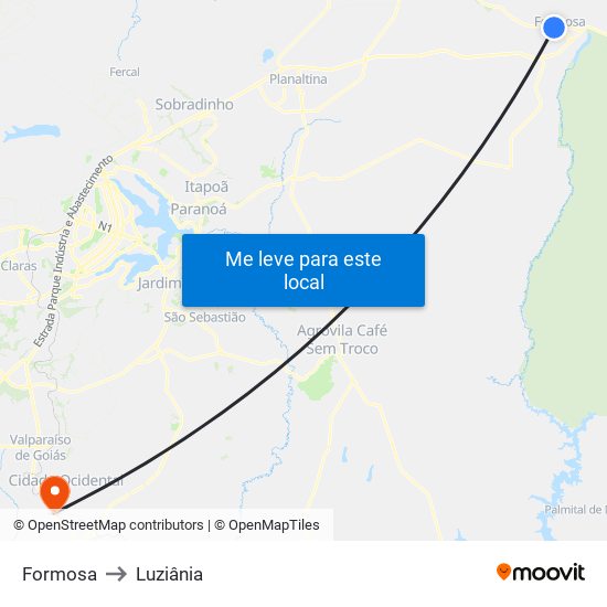 Formosa to Luziânia map