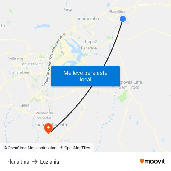 Planaltina to Luziânia map