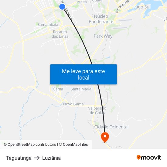 Taguatinga to Luziânia map