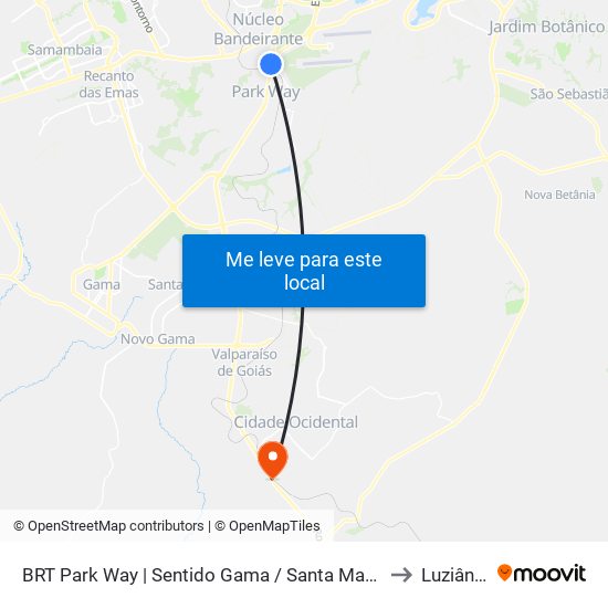 BRT Park Way | Sentido Gama / Santa Maria to Luziânia map