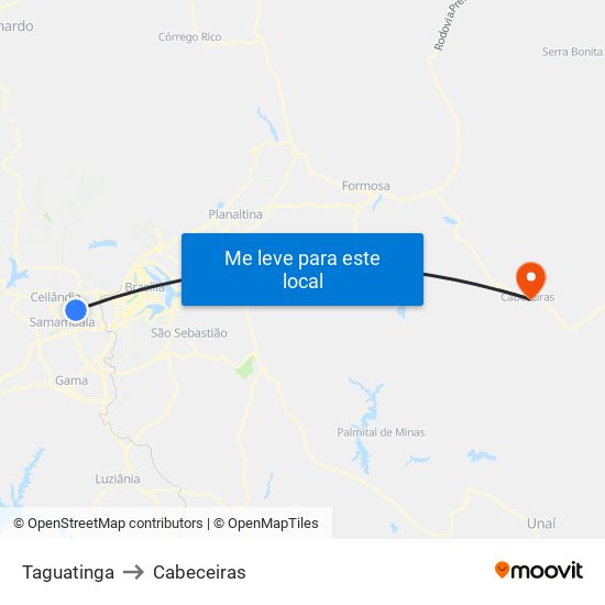 Taguatinga to Cabeceiras map