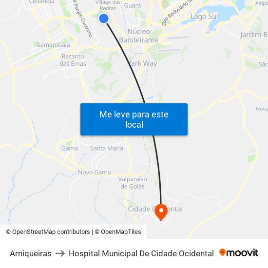 Arniqueiras to Hospital Municipal De Cidade Ocidental map