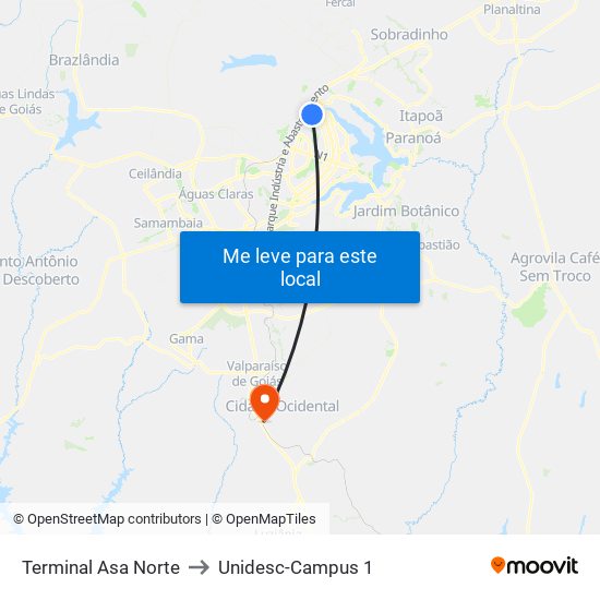 Terminal Asa Norte to Unidesc-Campus 1 map