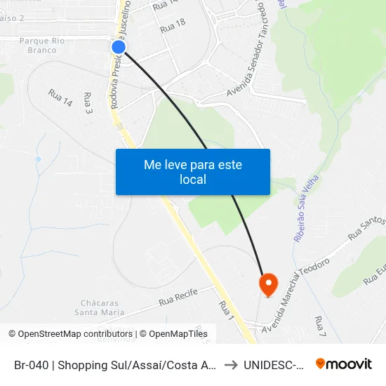 Br-040 | Shopping Sul/Assaí/Costa Atacadão (Passarela Azul) to UNIDESC-Campus 1 map