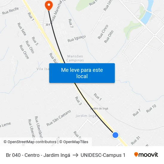 Br 040 - Centro - Jardim Ingá to UNIDESC-Campus 1 map