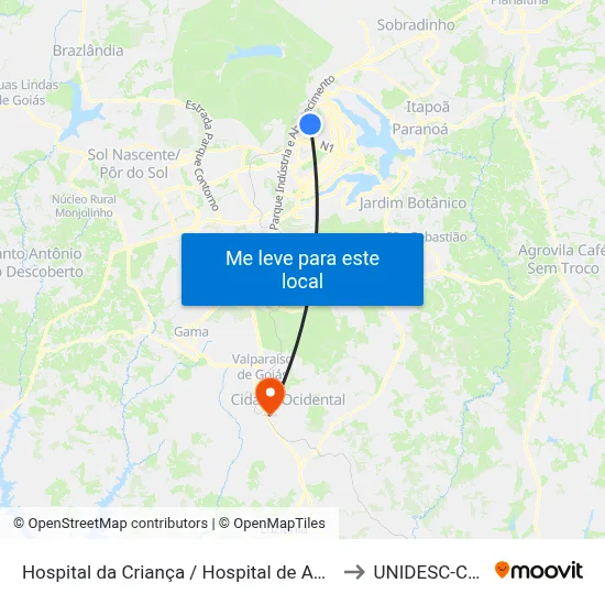 Hospital da Criança / Hospital de Apoio (Sentido SAAN) to UNIDESC-Campus 1 map