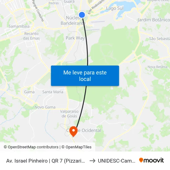 Av. Israel Pinheiro | QR 7 (Pizzaria Aurélio) to UNIDESC-Campus 1 map