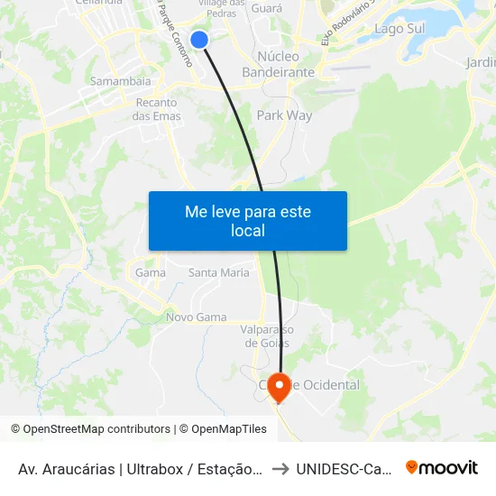 Av. Araucárias | Ultrabox / Estação Águas Claras to UNIDESC-Campus 1 map