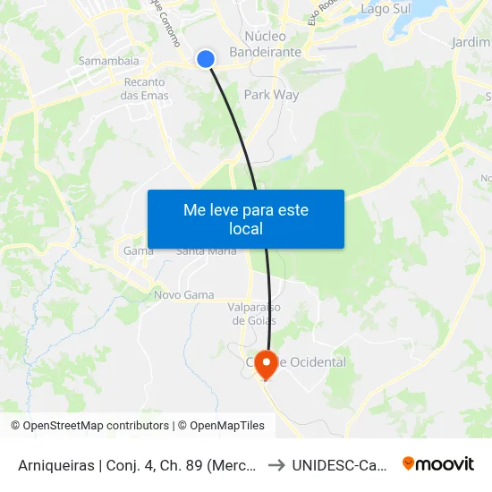Arniqueiras | Conj. 4, Ch. 89 (Mercado Floresta) to UNIDESC-Campus 1 map