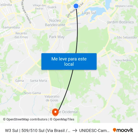 W3 Sul | 509/510 Sul (Via Brasil / CASEB) to UNIDESC-Campus 1 map