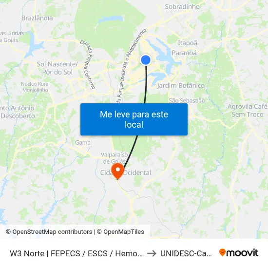 W3 Norte | FEPECS / ESCS / Hemocentro / PETZ to UNIDESC-Campus 1 map