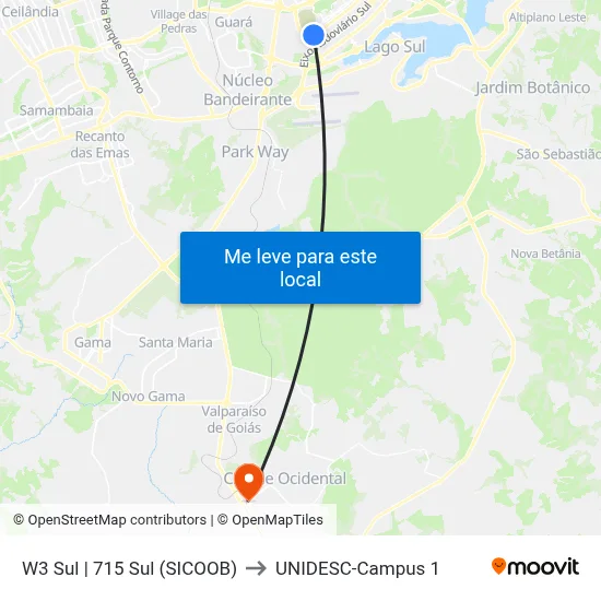 W3 Sul | 715 Sul (SICOOB) to UNIDESC-Campus 1 map