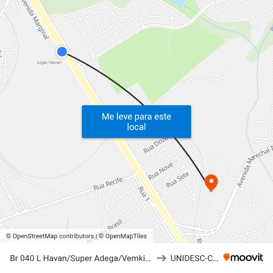 Br 040 L Havan/Super Adega/Vemkitem (Sentido Luziânia) to UNIDESC-Campus 1 map