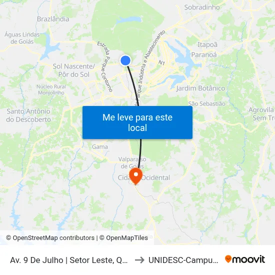 Av. 9 De Julho | Setor Leste, Qd. 3 to UNIDESC-Campus 1 map