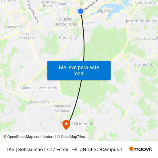 TAS | Sobradinho I - II / Fercal to UNIDESC-Campus 1 map