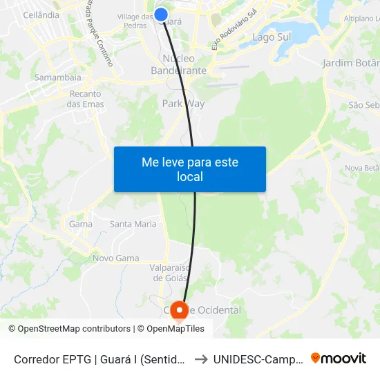 Corredor EPTG | Guará I (Sentido BSB) to UNIDESC-Campus 1 map
