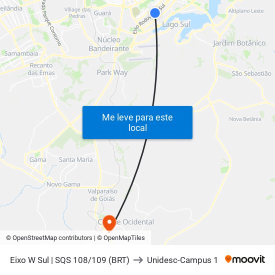 Eixo W Sul | SQS 108/109 (BRT) to Unidesc-Campus 1 map