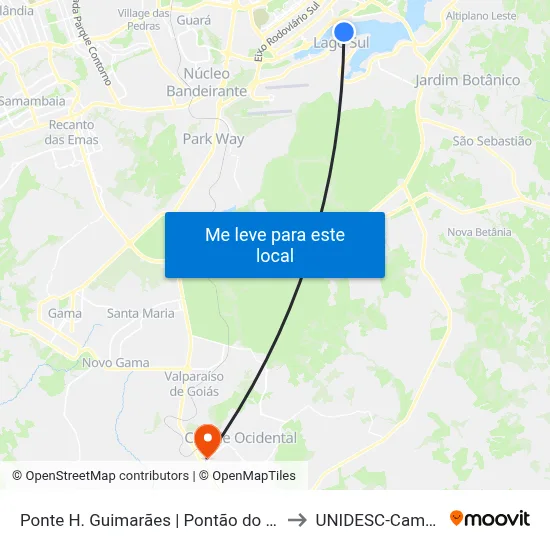 Ponte H. Guimarães | Pontão do Lago Sul to UNIDESC-Campus 1 map