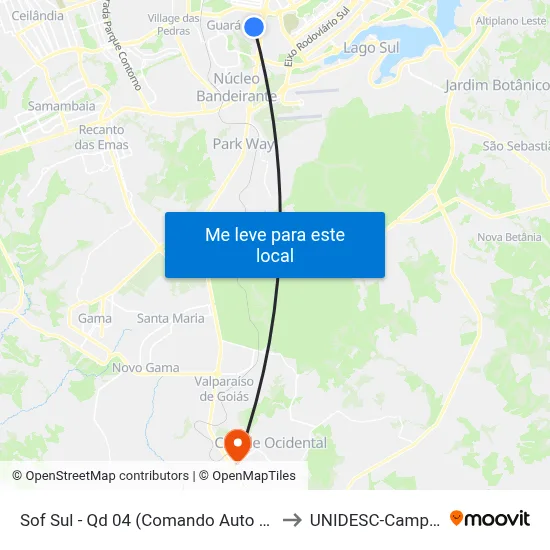 Sof Sul - Qd 04 (Comando Auto Peças) to UNIDESC-Campus 1 map